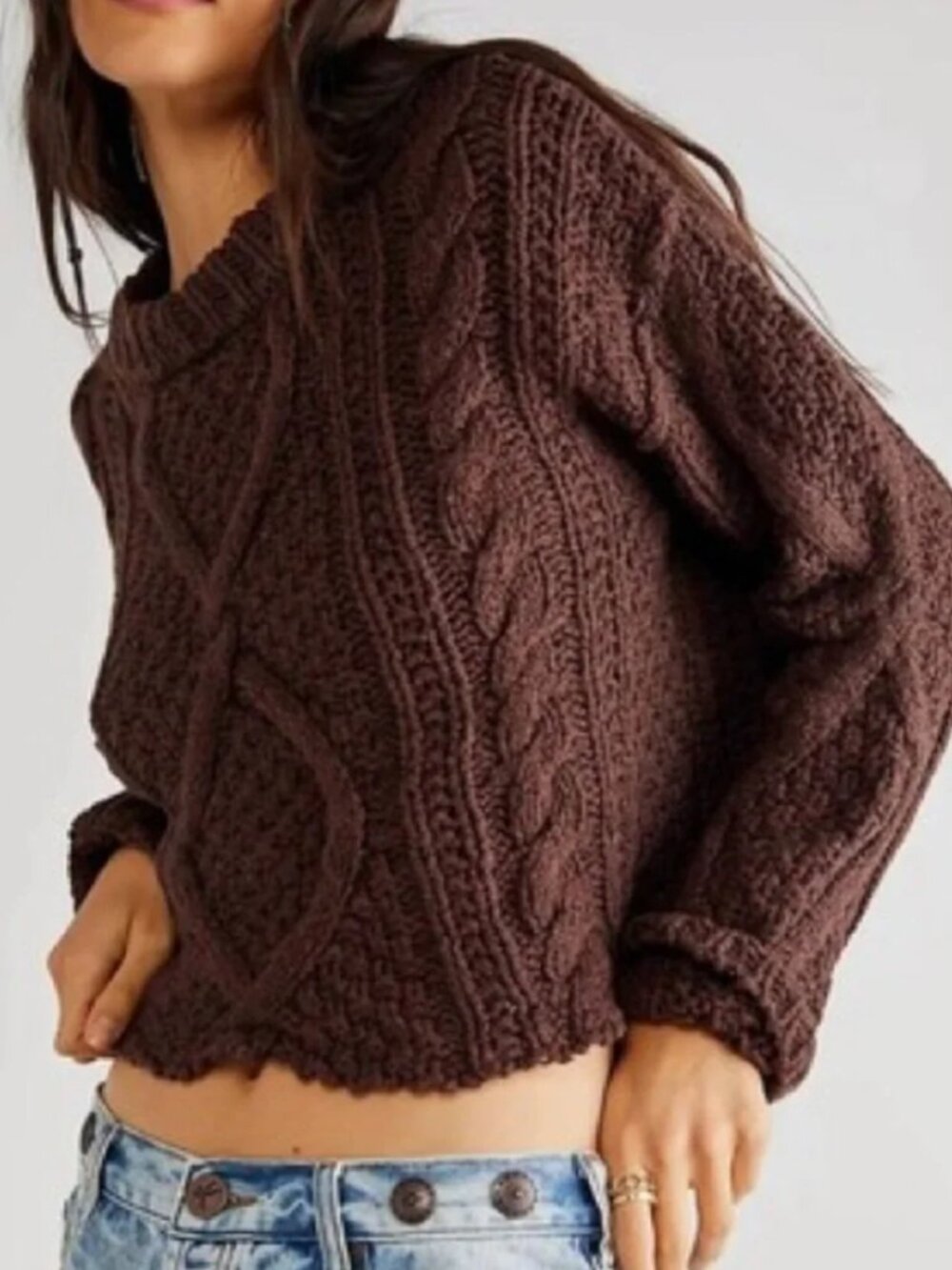 Free People Cutting Edge Cable Knit Sweater Chocolate Lava Chunky Cropped